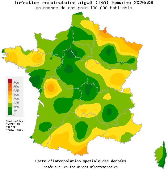 Carte d'incidence de Infection Respiratoire Aiguë (IRA) en France - Réseau Sentinelles